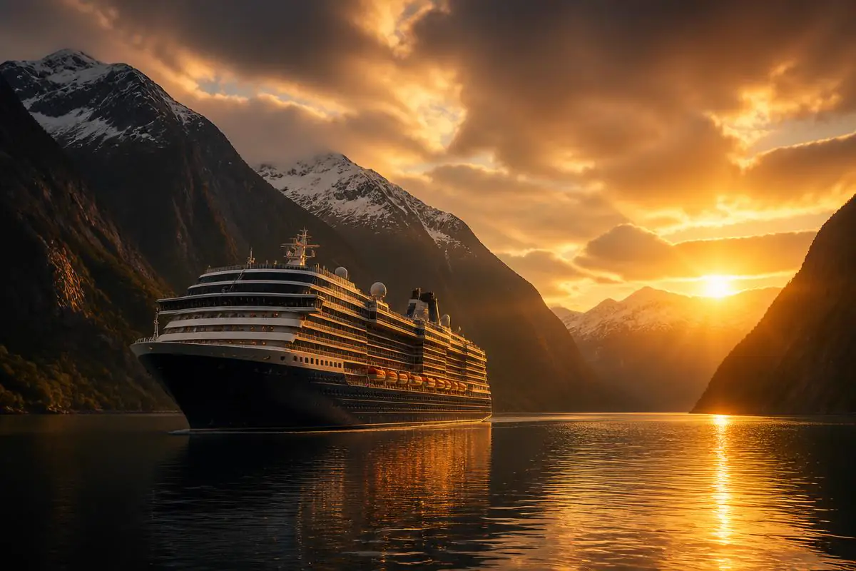 Holland America cruise ship in Alaskan fjords at golden hour